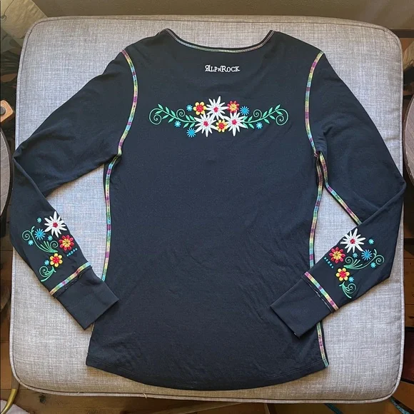 Alp & Rock Kukkia Henley Black Long Sleeve Embroidered Flower Top Shirt M - Picture 6 of 9